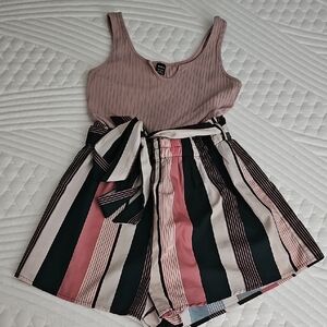 Striped Pink and Black Tank Top and Shorts Set
